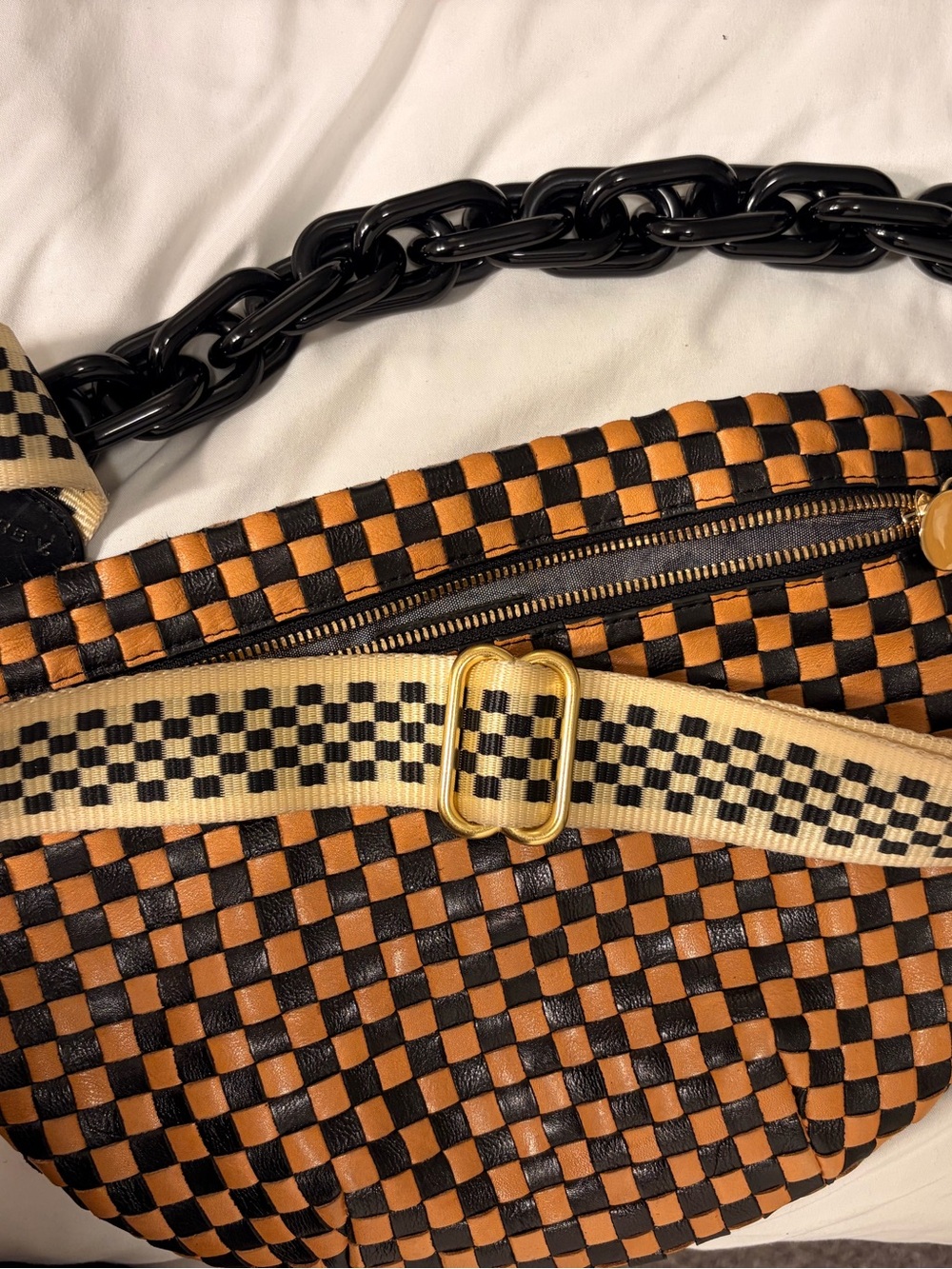 Clare V Woven Leather Crescent Belt Bag in Tan and Black - Picture 3 of 5